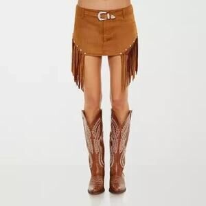 NWT Light Brown Faux Suede Fringe Rodeo Mini Skirt, Studded Buckle, Size L